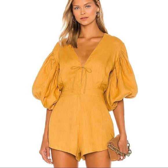 REVOLVE SWF Linen Romper Puff Sleeve V-Neck in Desert Gold NWT Feminine - Picture 1 of 8